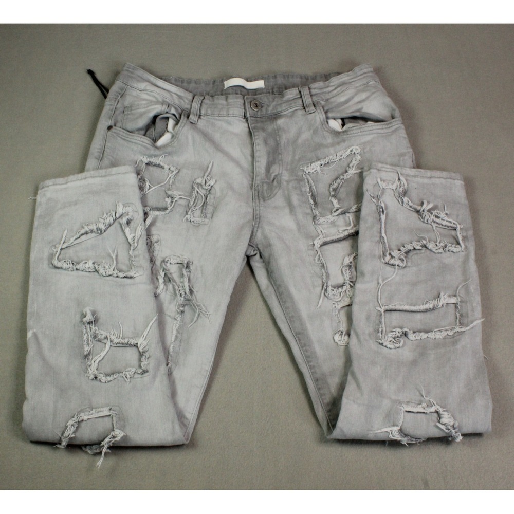 KDNK Men's Distressed Stacked Jeans Size 40 Gray Ripped Grunge Denim Pants